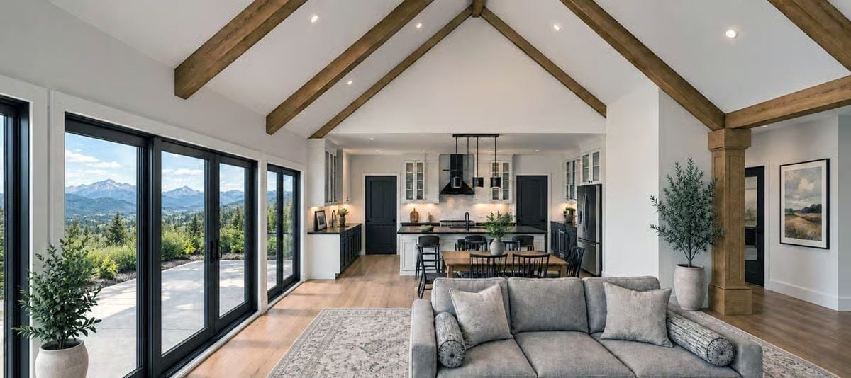 Black Cabinetry, Vaulted Beams, and a Mountain View That Doesn't Quit