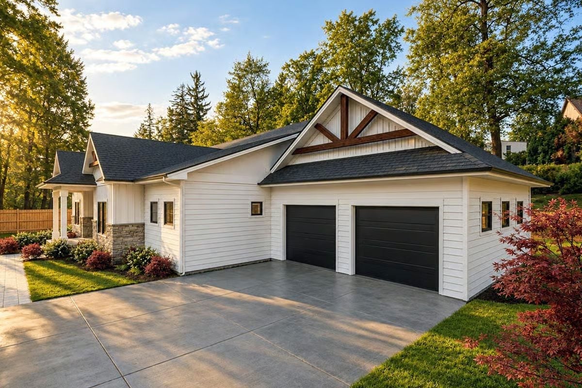 Exposed Timber Gable and Black Garage Doors That Actually Work Together