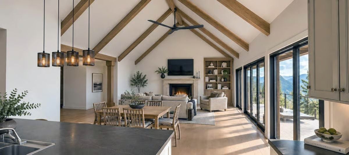 Vaulted Beams, a Live Fire, and Mountains Visible Through the Glass