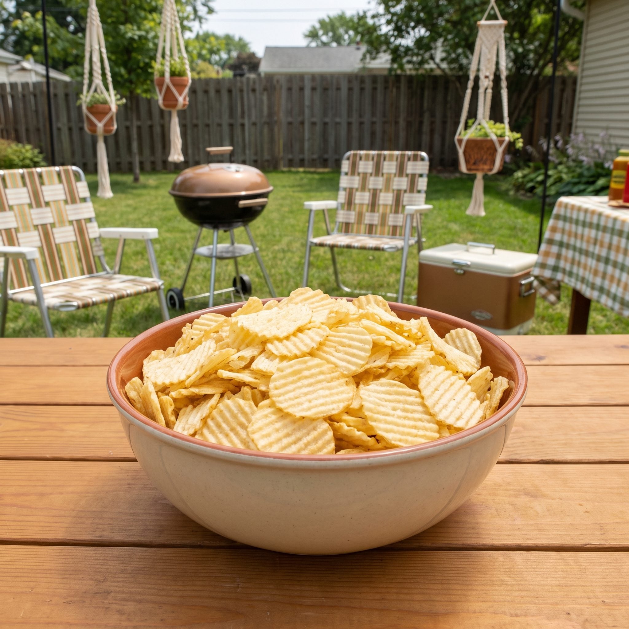 Large communal bowl of ridged potato chips at a backyard barbecue