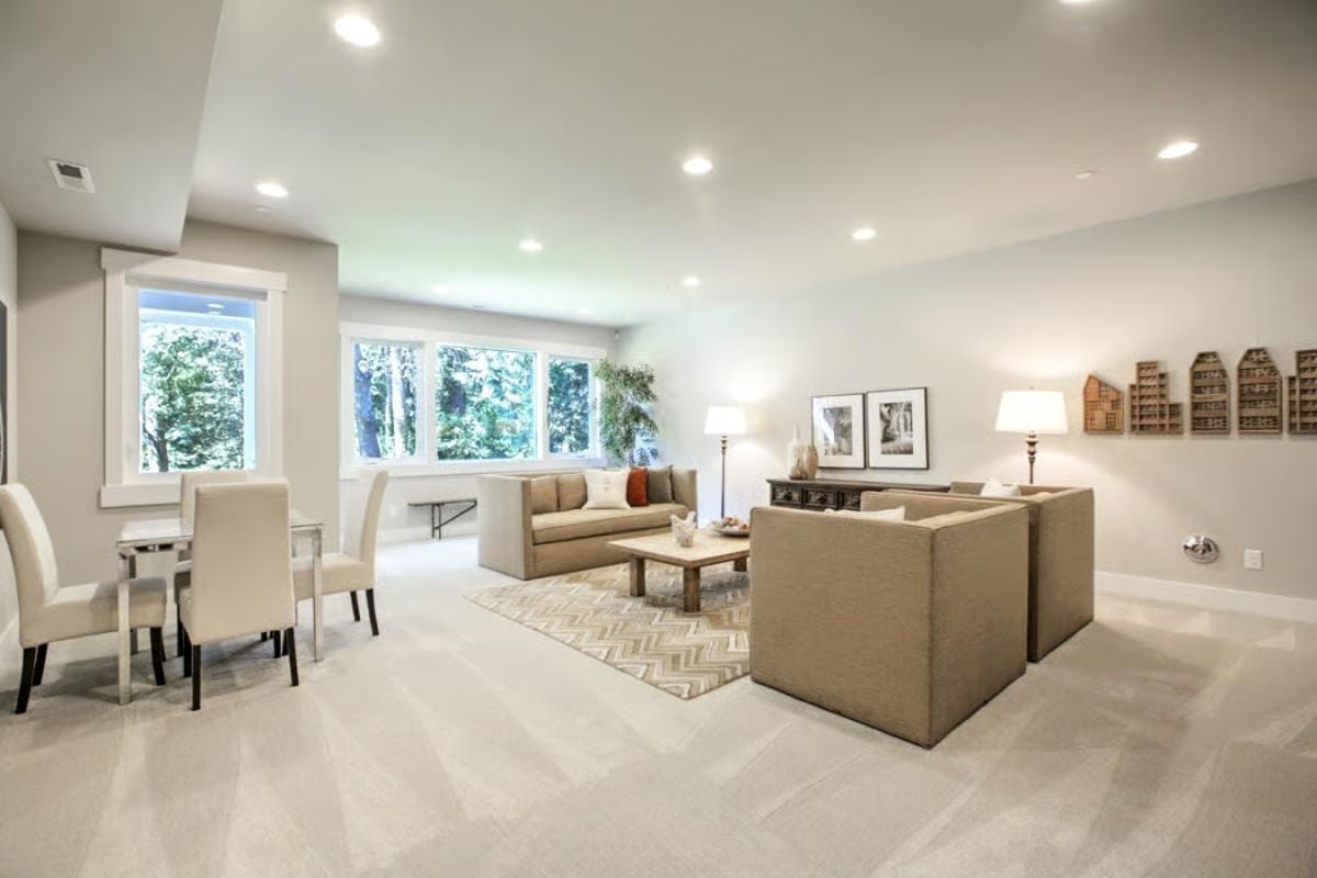 Tan Sofas, Chevron Rug, and Recessed Lights Keep This Lower Level Livable