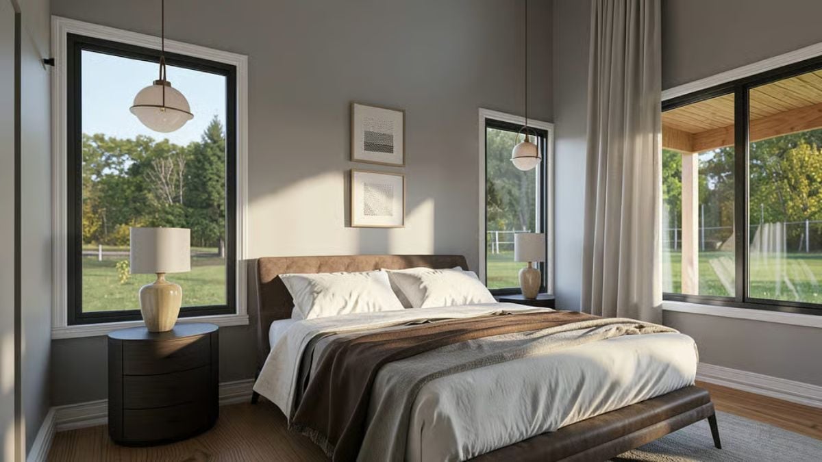 Pendant Lights, Brown Leather Headboard, and Windows That Earn Their Keep