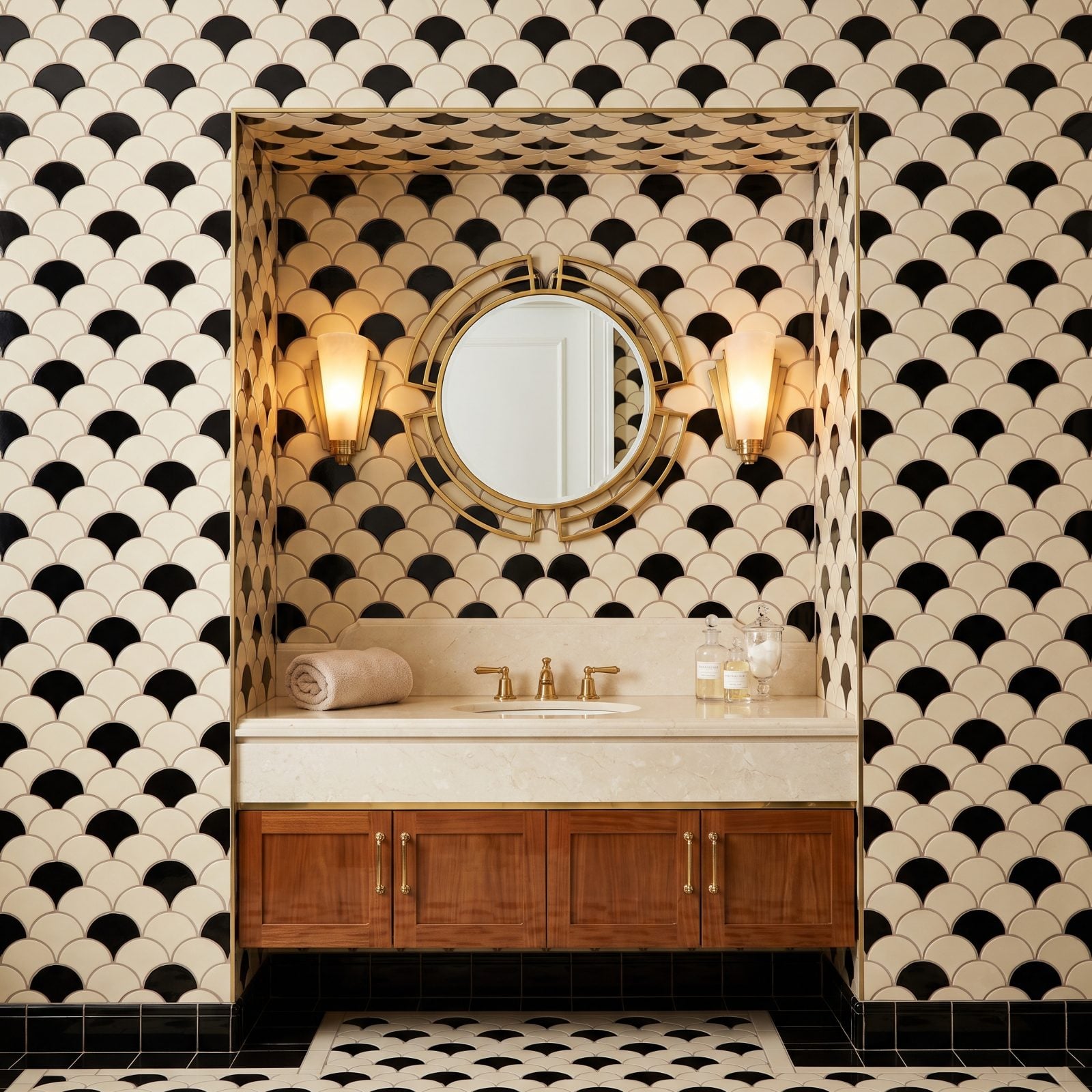 Black-and-Cream Art Deco Bathroom With Fan Tile