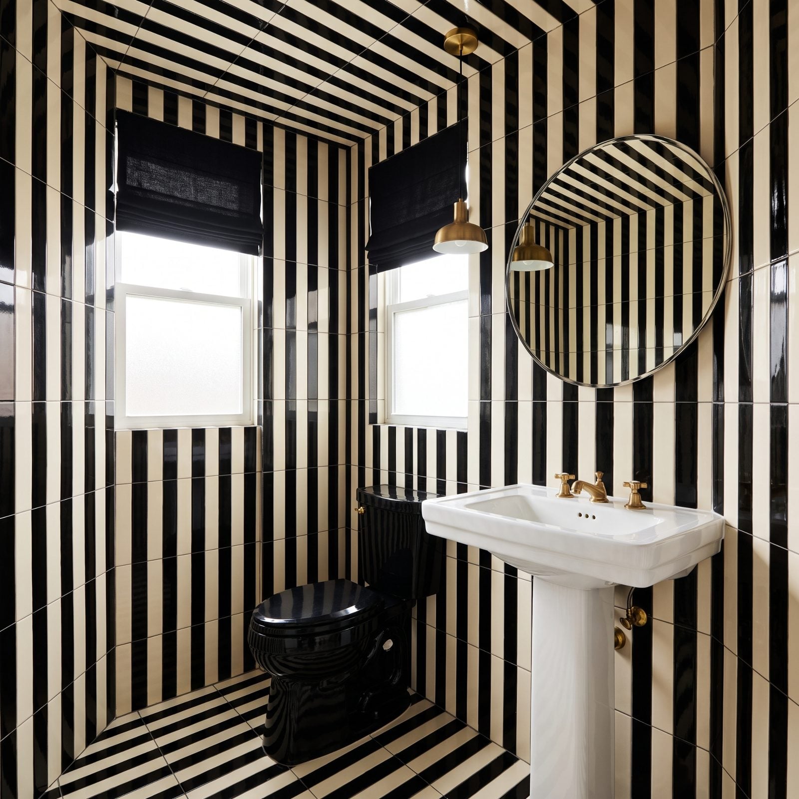 Black-and-Cream Striped Tile Powder Room