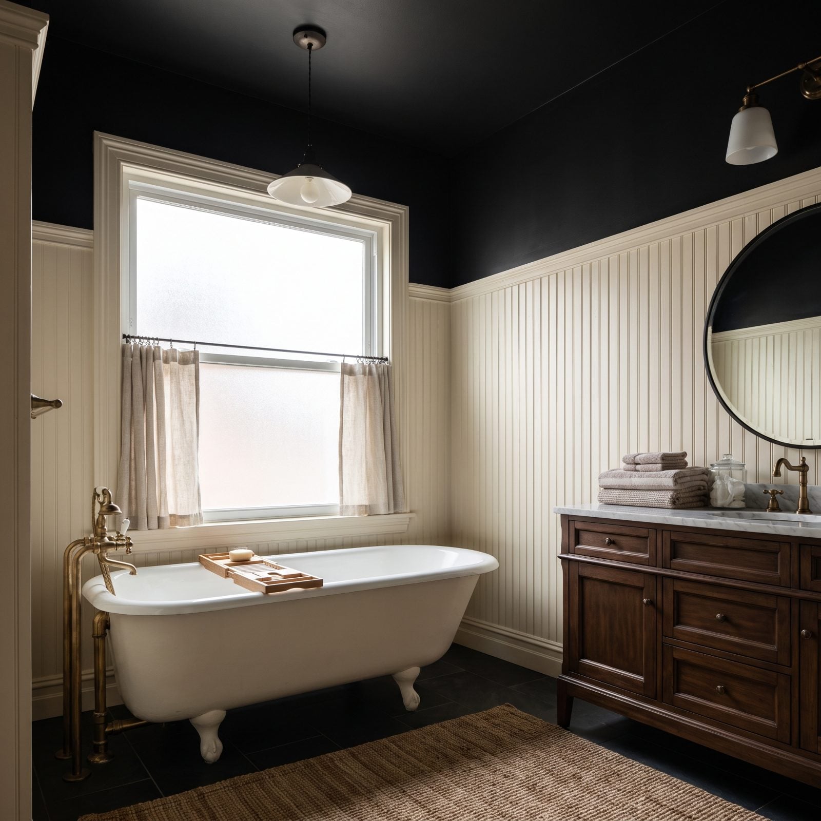 Black Ceiling Above a Cream Paneled Bathroom