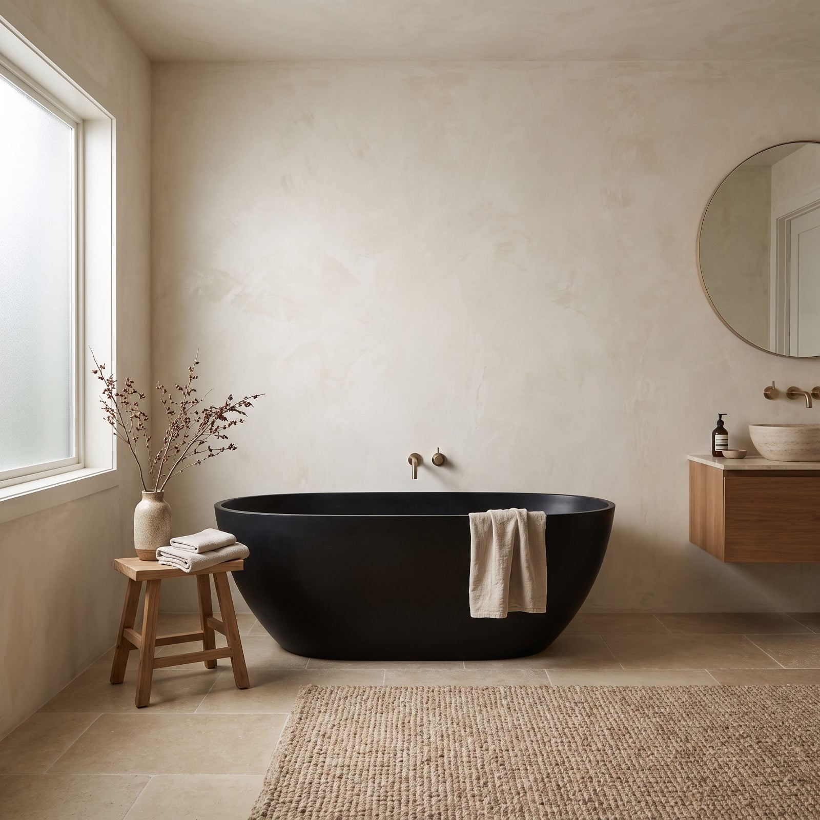 Black Freestanding Tub Against Cream Limewash