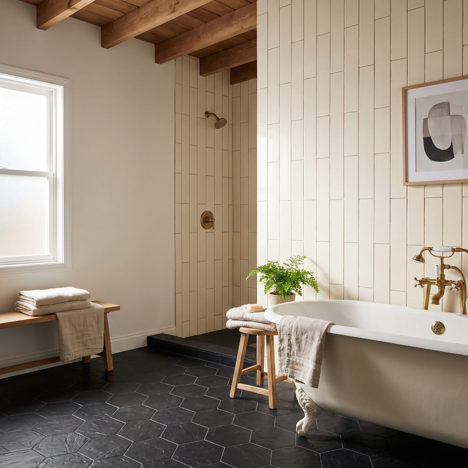 Black Hexagon Floor Beneath Cream Vertical Tile