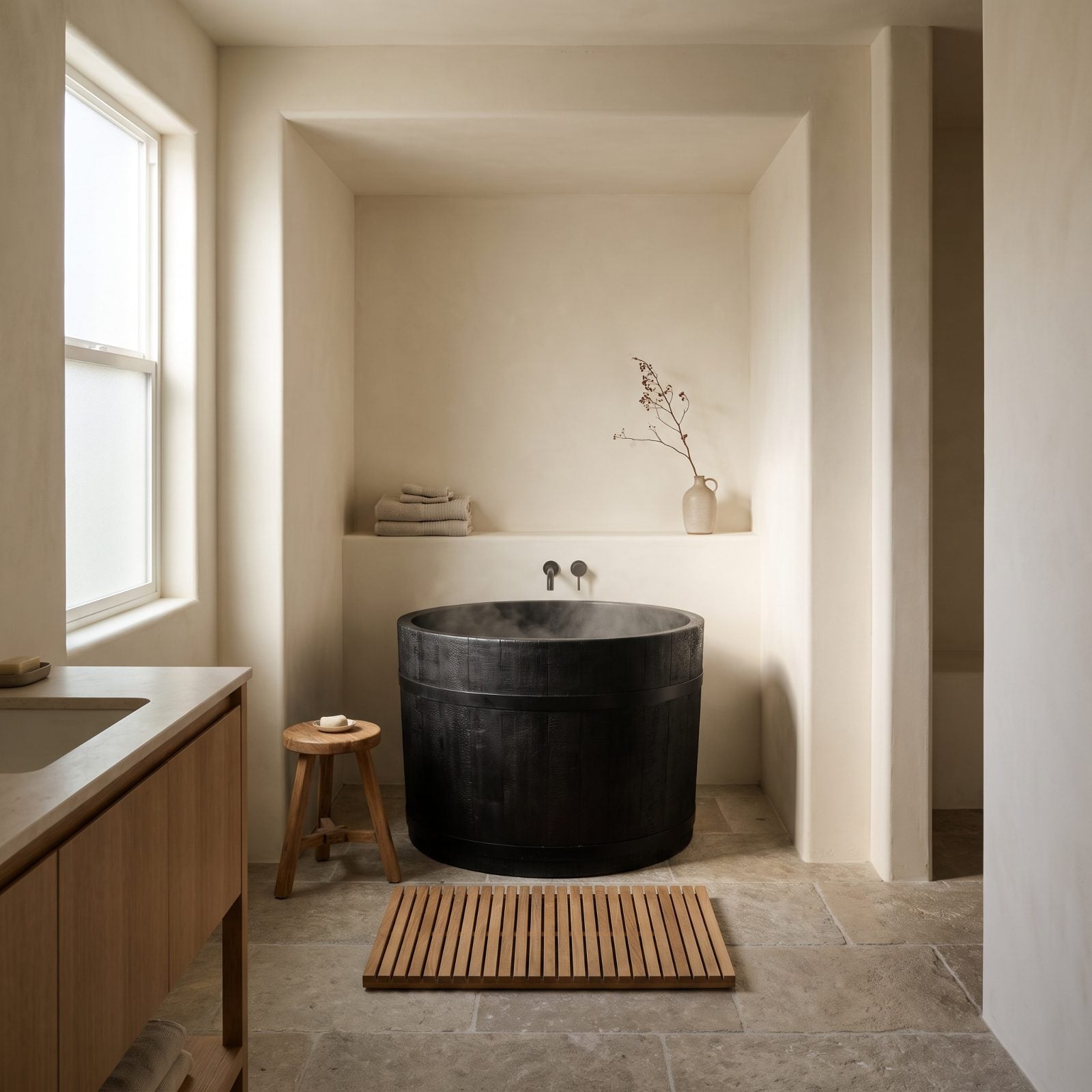 Black Japanese Soaking Tub in a Cream Alcove