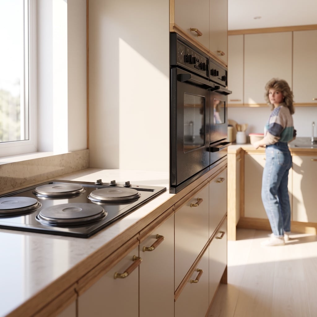 Black appliances in a late-1980s-style kitchen