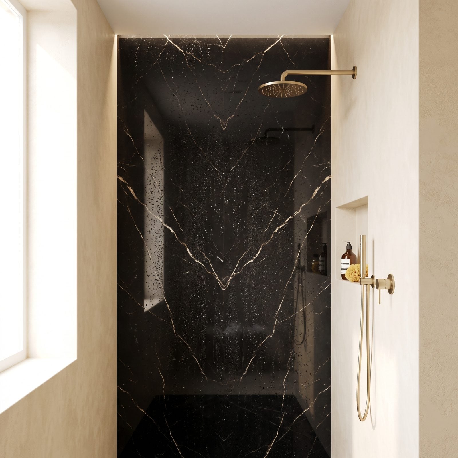 Black Marble Shower Wrapped in Warm Cream Walls