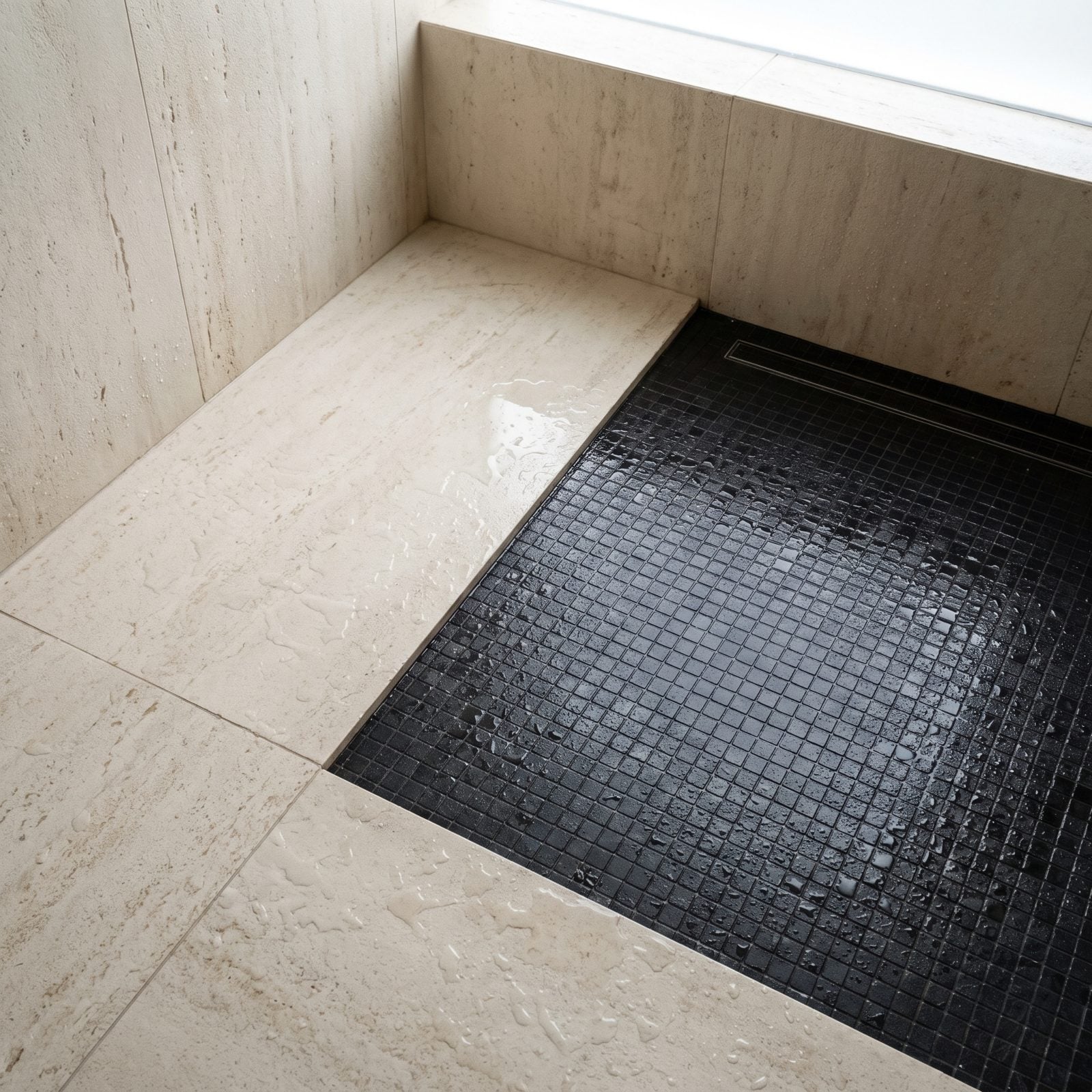 Black Mosaic Shower Floor With Cream Slab Walls