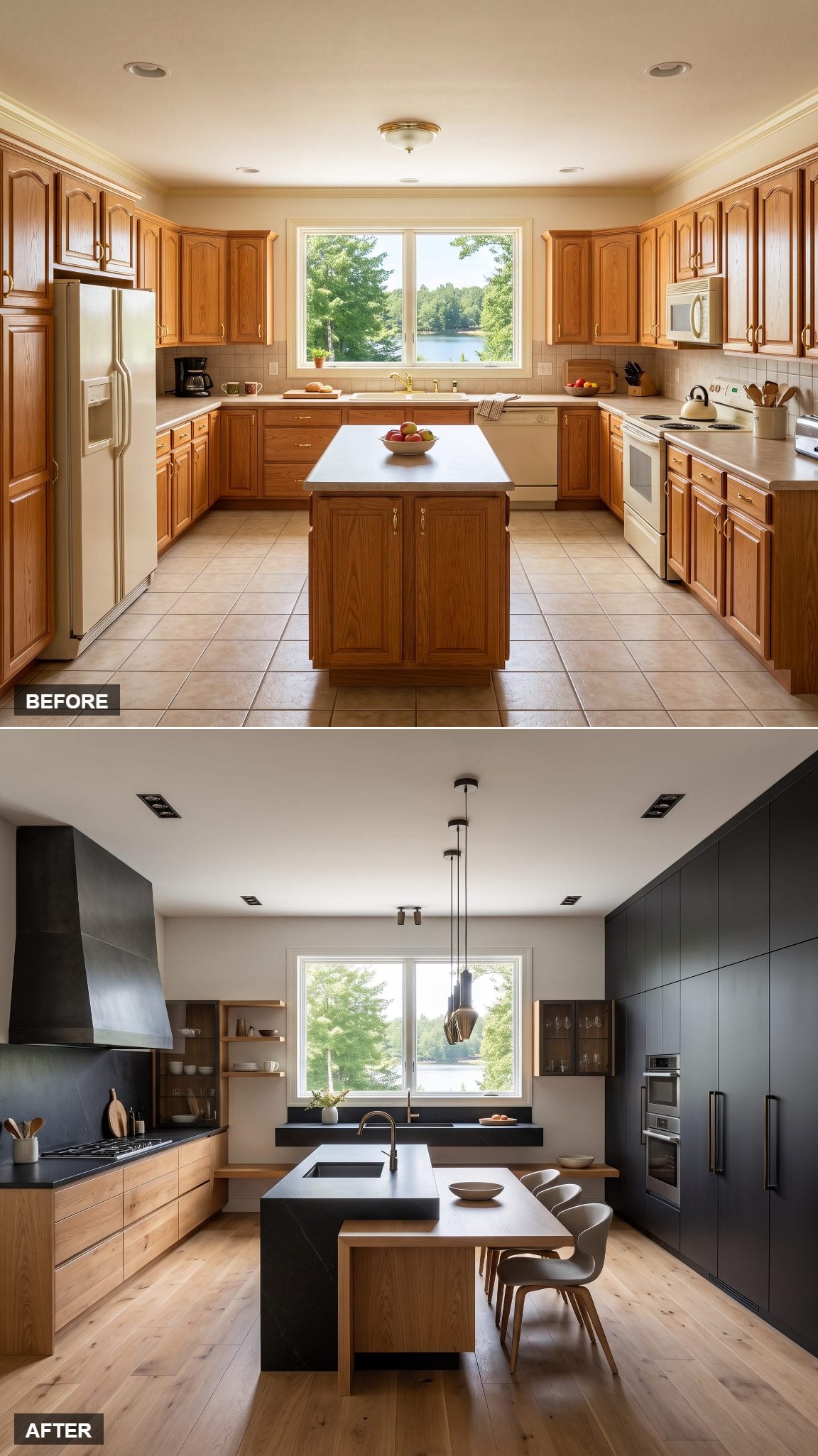Contemporary kitchen combining matte black lower cabinetry with natural oak upper cabinetry