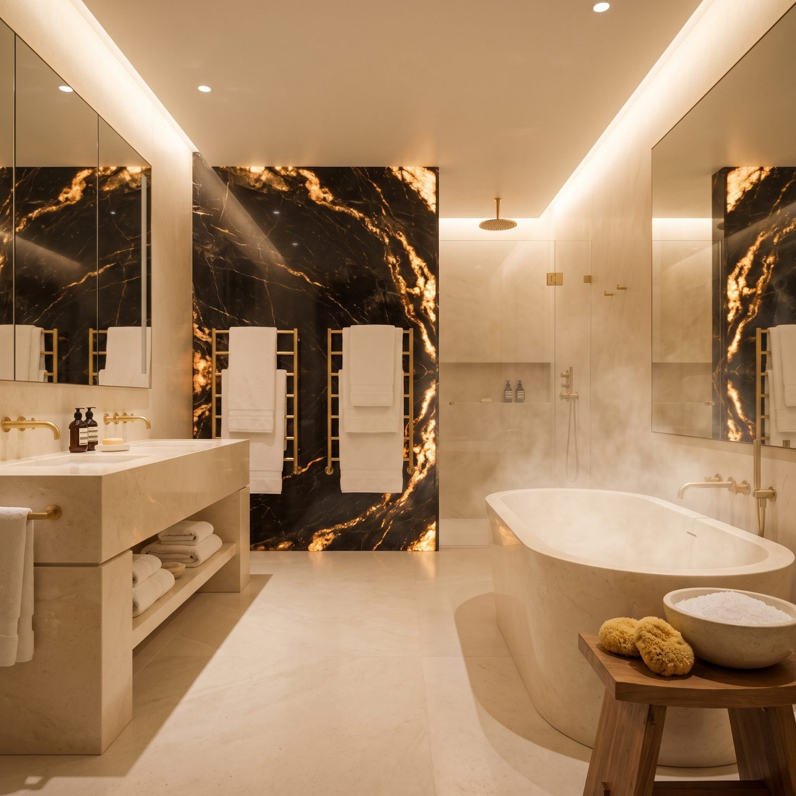 Black Portoro Marble Accents in a Cream Spa Bathroom