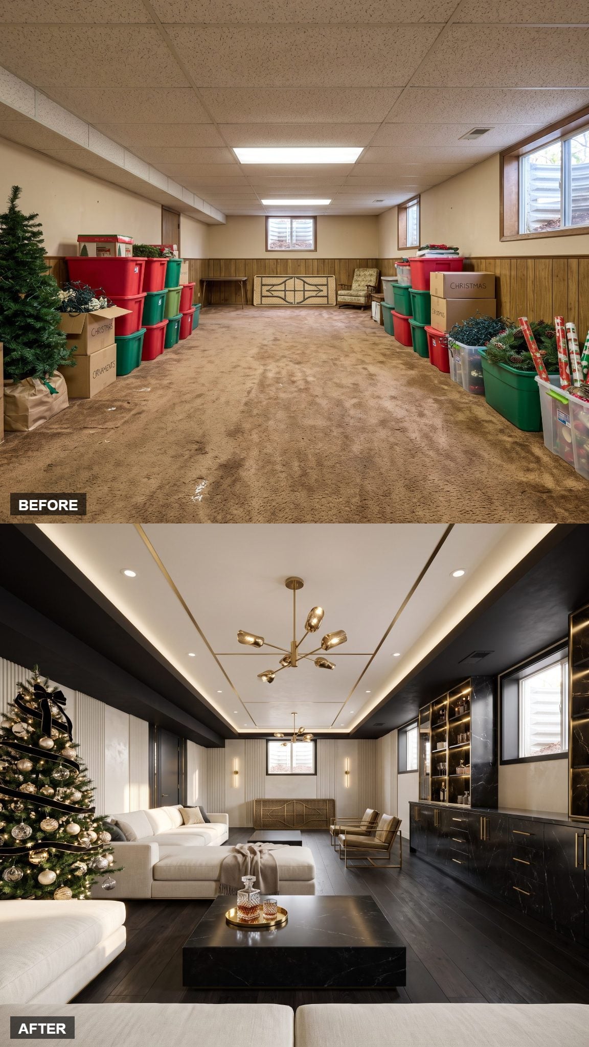 Black-Tie Contemporary Christmas Lounge in Ebony and Champagne Gold