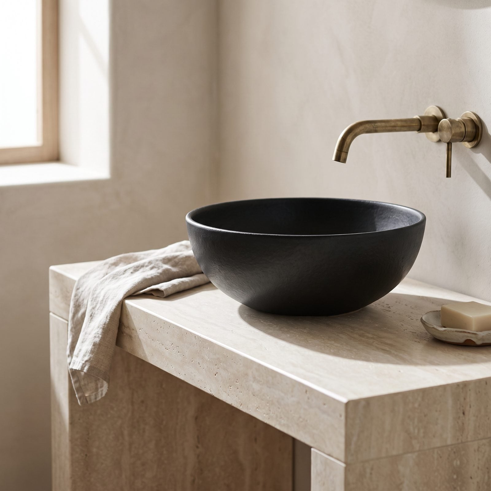 Black Vessel Sink on a Cream Travertine Console