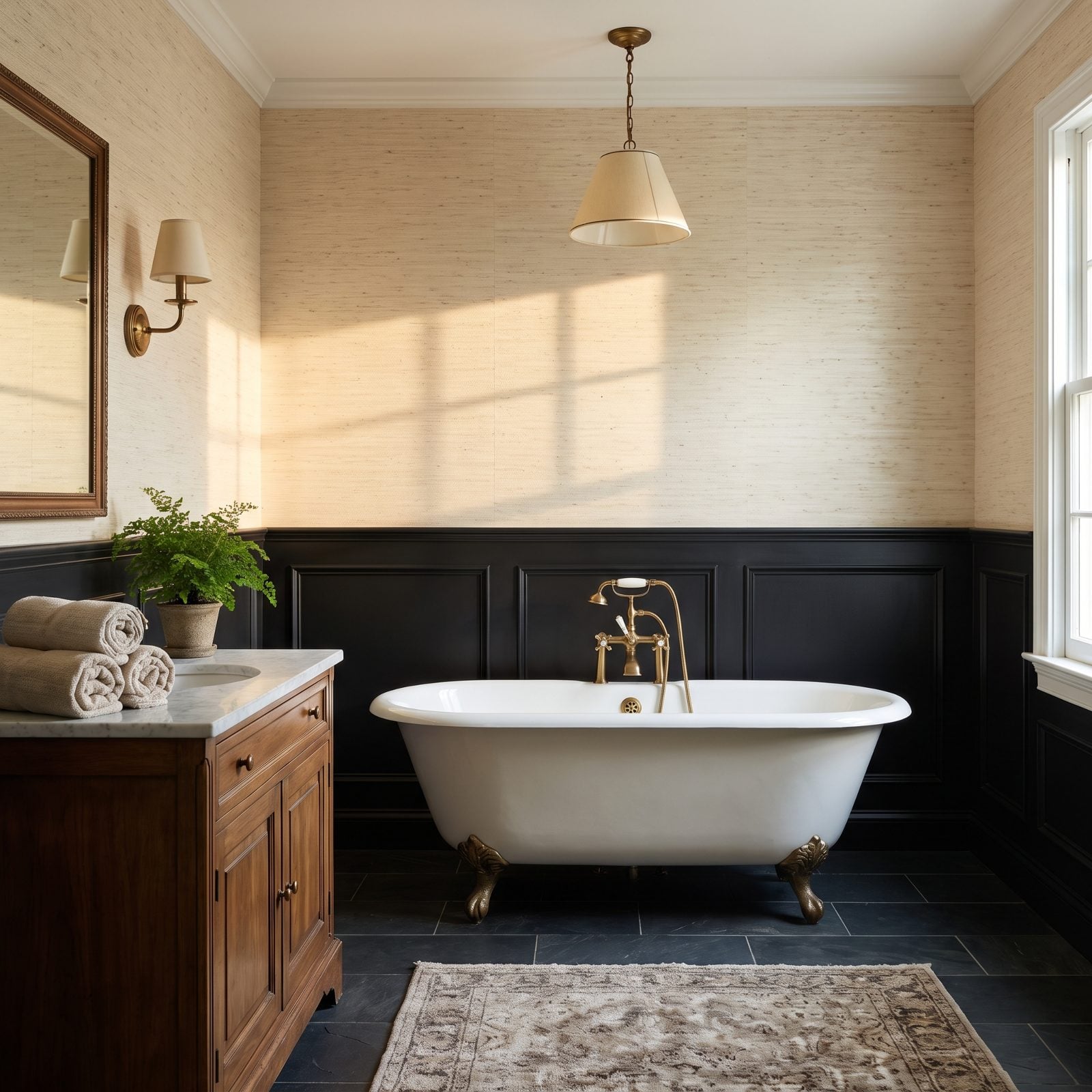 Black Wainscoting Beneath Cream Grasscloth