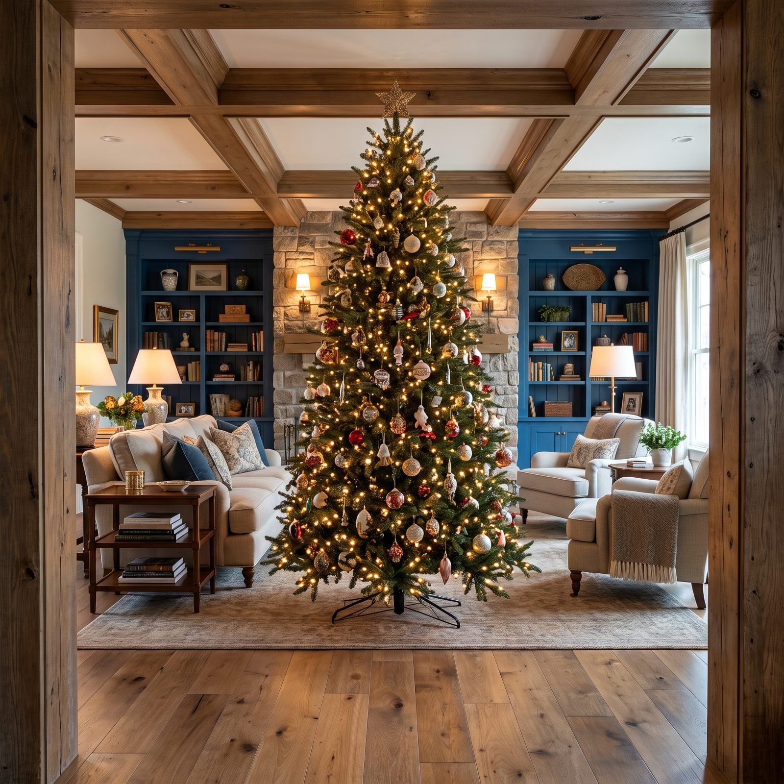 View from a front entry into a living room where a Christmas tree stands directly in the doorway sightline, screening the