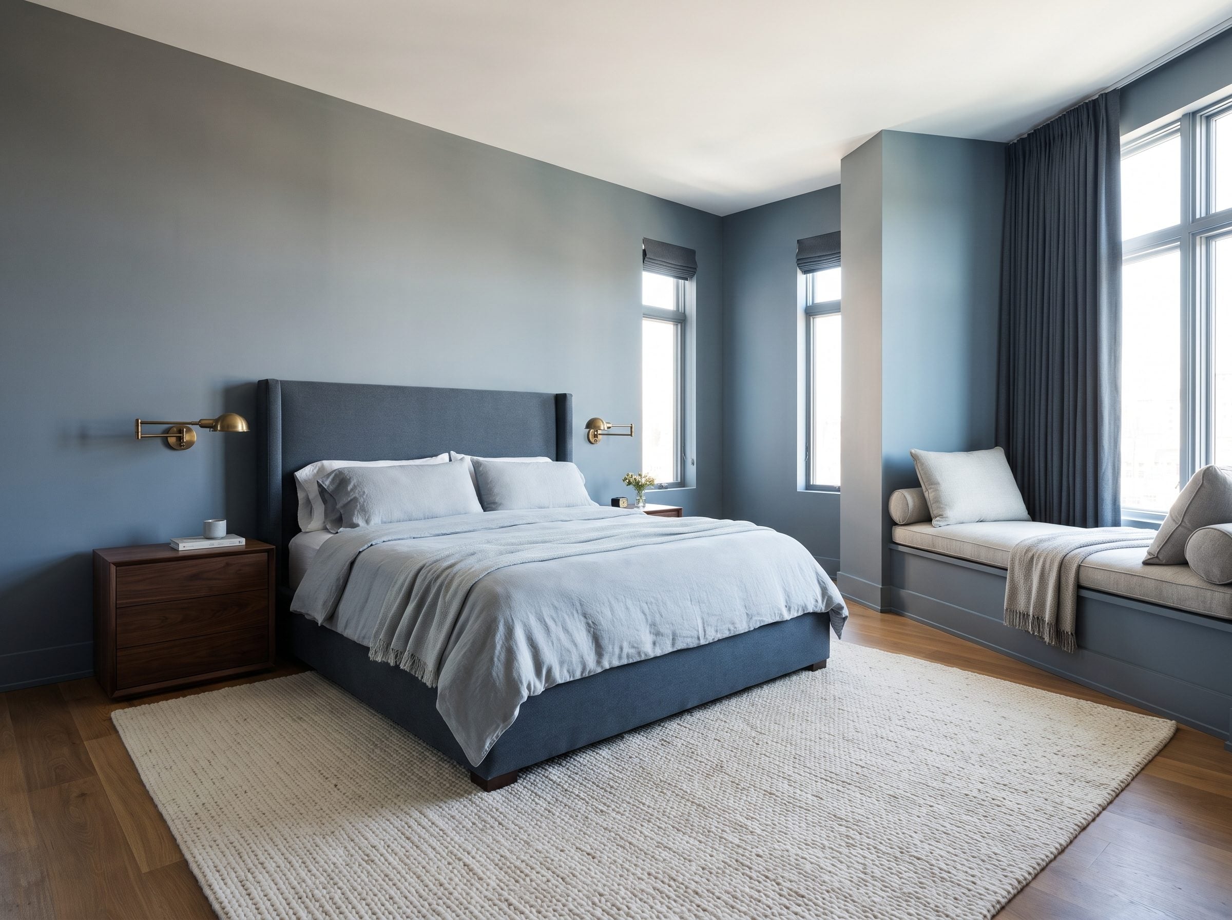 Primary bedroom with blue-gray walls, a deeper blue-gray upholstered bed, walnut nightstands with brass sconces, oak floors