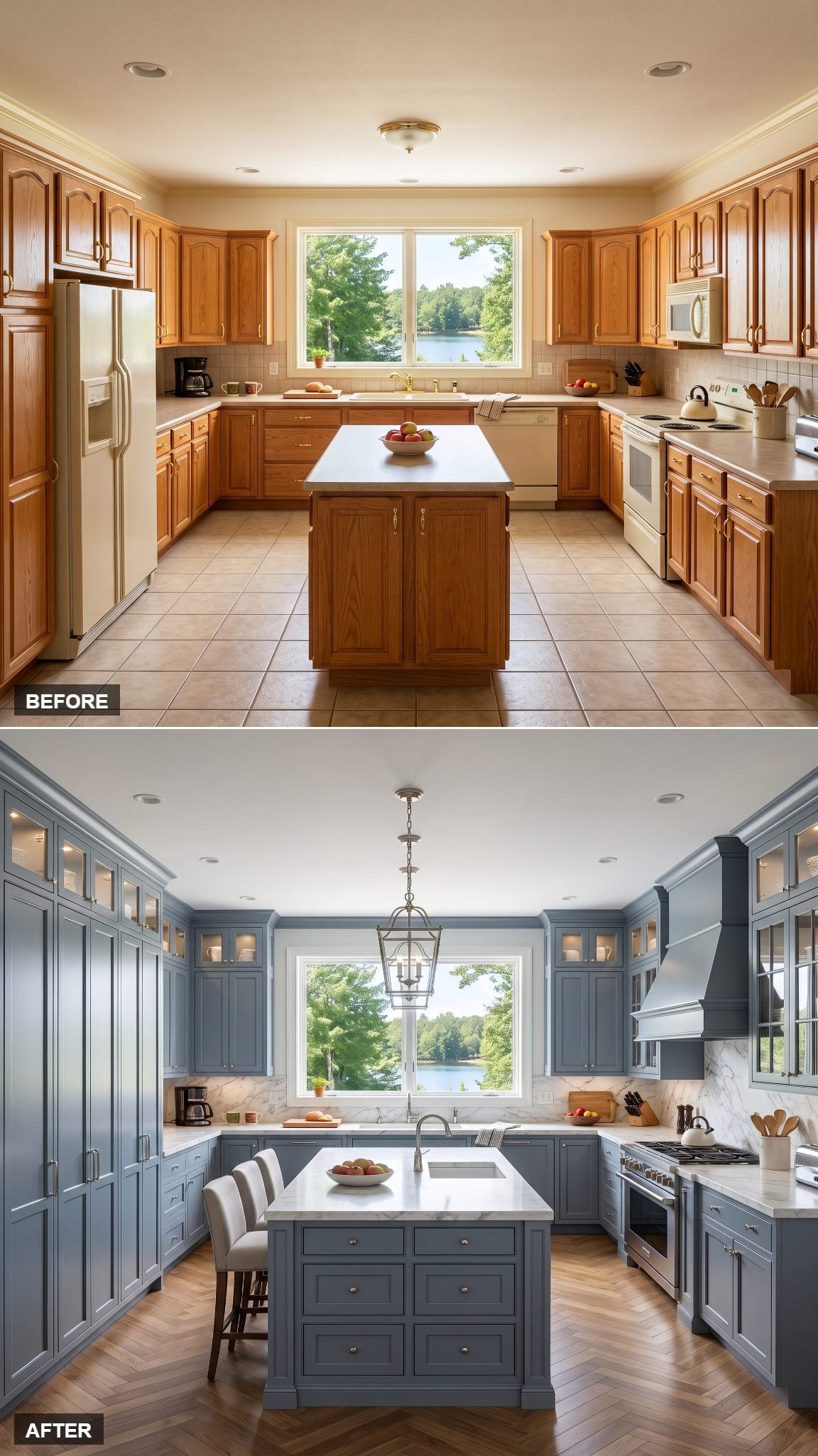 Tailored kitchen with blue-gray shaker cabinetry, white marble and polished nickel hardware