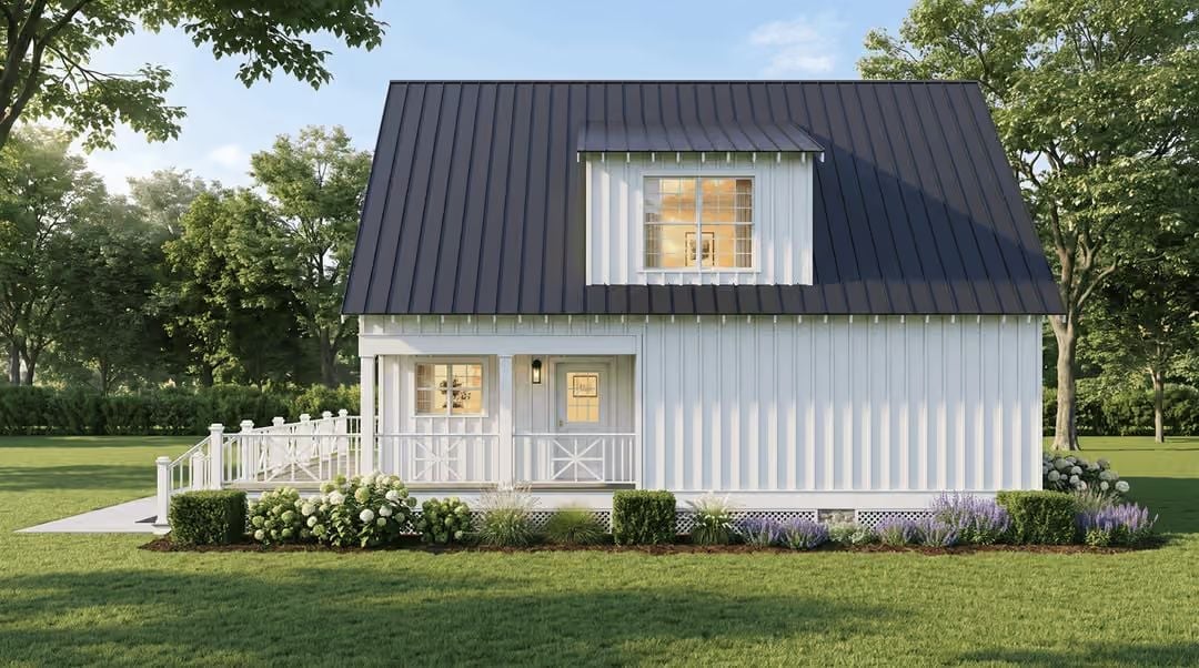 Dark Metal Roof, White Board-and-Batten, and a Porch Built for Two