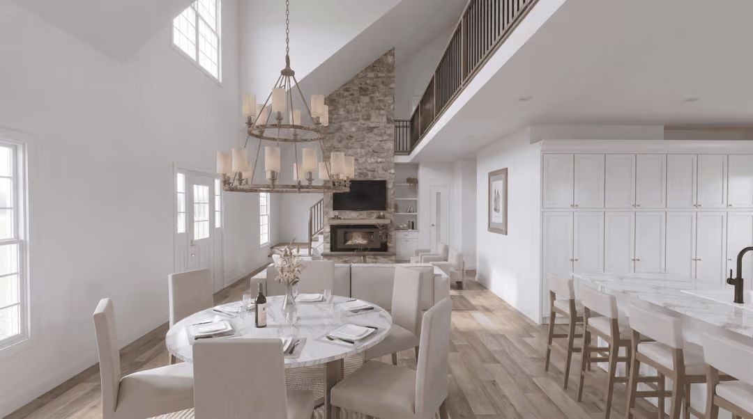Round Marble, a Stone Fireplace, and Sightlines That Do the Decorating