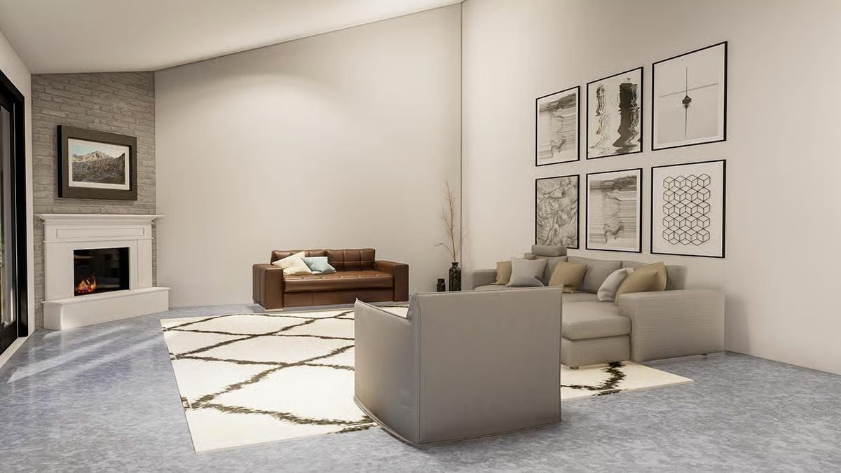 Gray Sectional, Brown Leather, and a Fireplace That Earns Its Wall Space