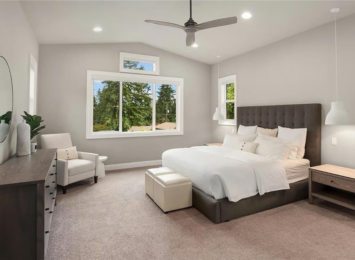 Tufted Headboard, Pendant Lights, and Carpet That Actually Makes Sense Here