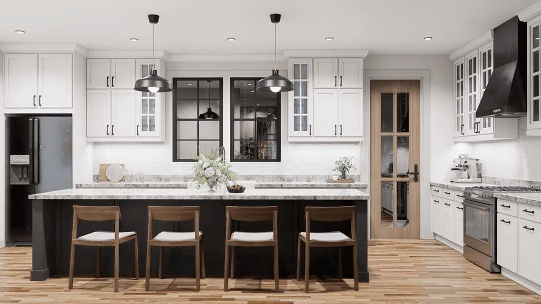 Black Island Base, Marble Counters, and Pendant Lights That Mean Business