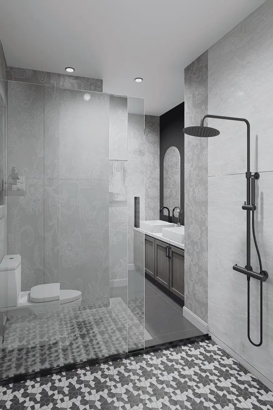 Matte Black Shower Fixtures and Patterned Floor Tile That Steal the Room