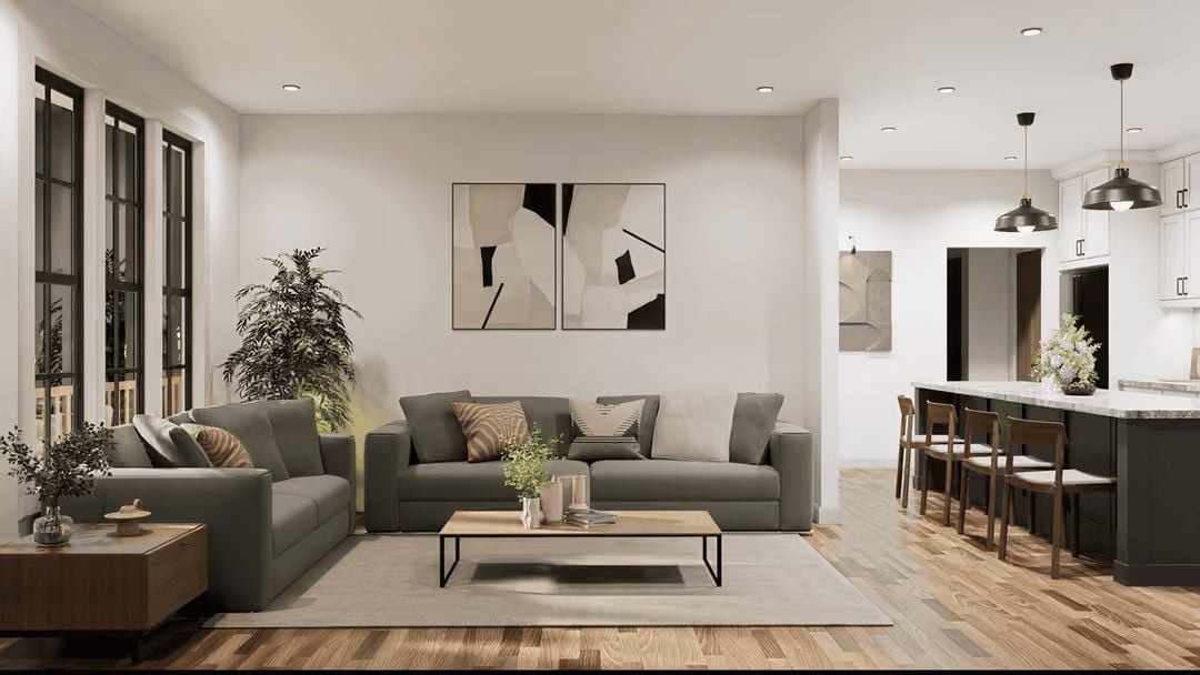 Olive-Toned Sofas and an Open Kitchen That Knows Its Place