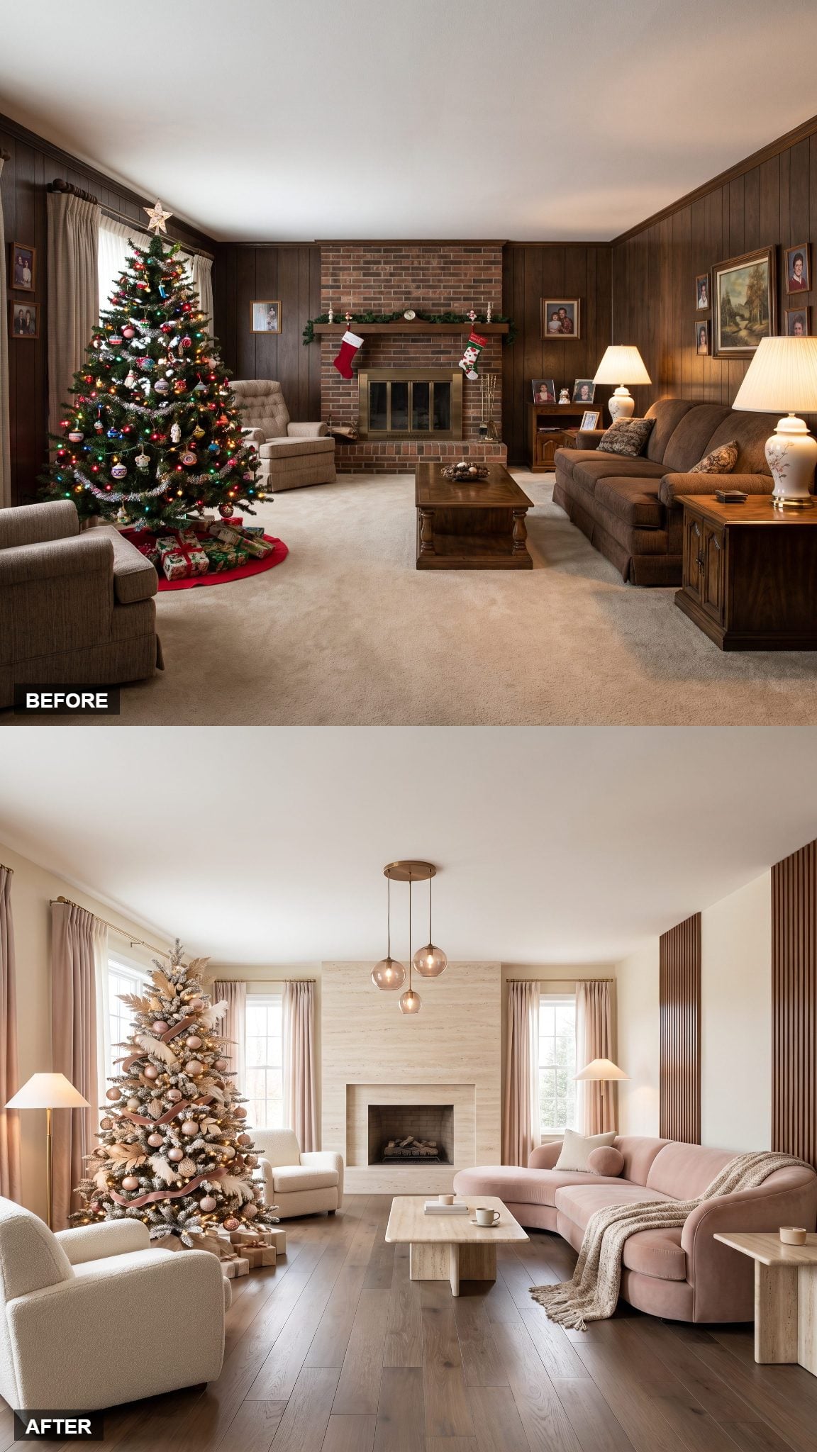 Blush-and-Walnut Soft Contemporary With a Champagne Flocked Tree