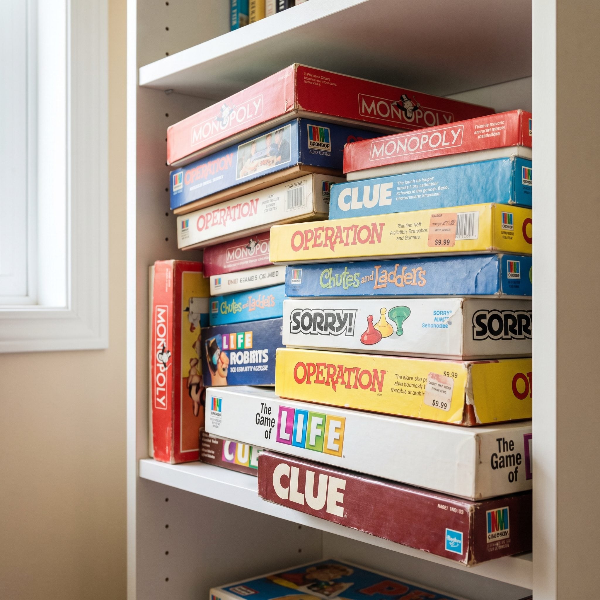 Board Games Stacked on the Shelf at $8 to $12 a Box