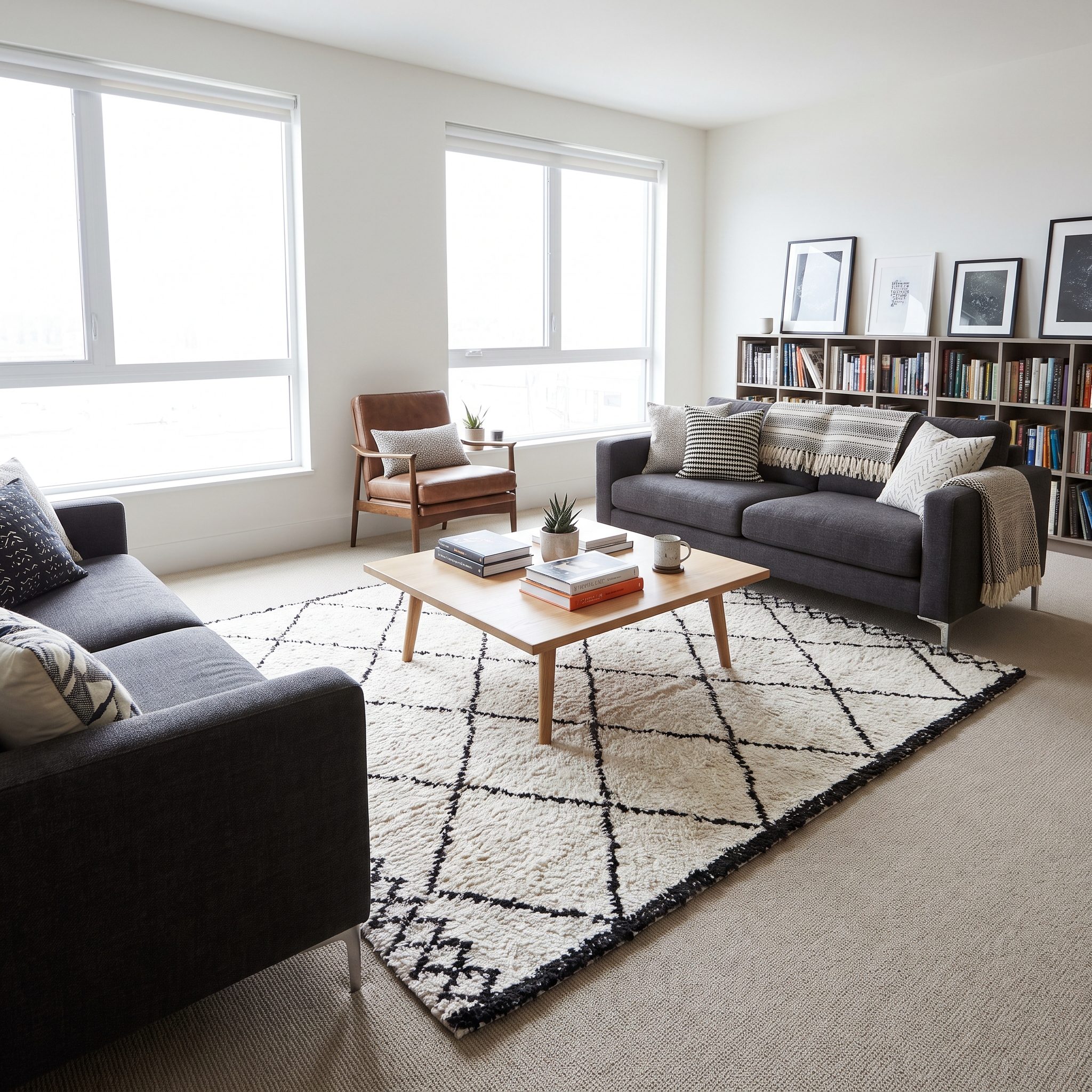 Living room with a black-and-white geometric rug centered on beige wall-to-wall carpet with a consistent carpet border showing around it