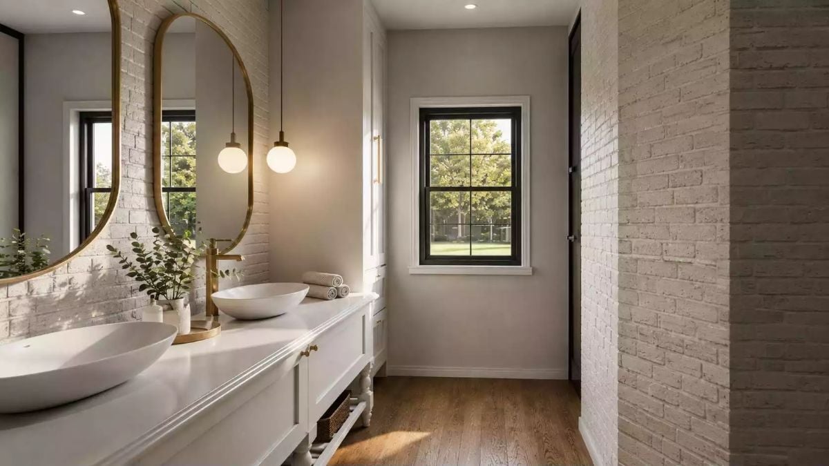 Painted Brick and Vessel Sinks Make a Bathroom Worth Lingering In