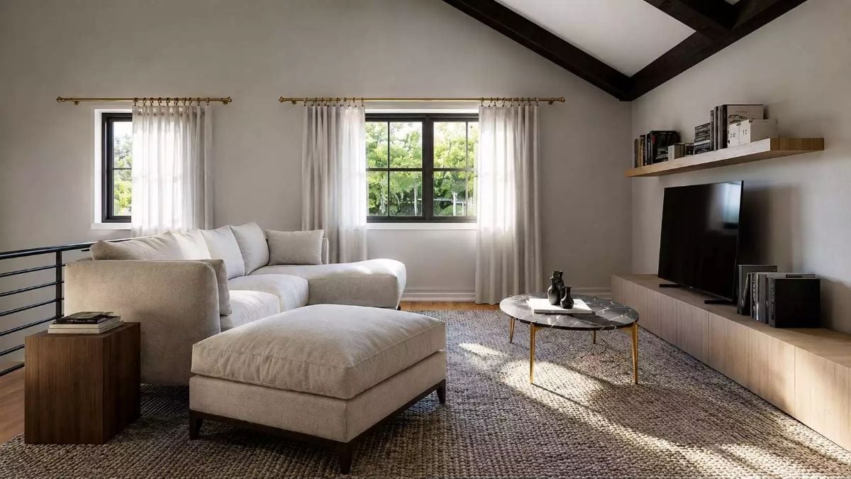 Vaulted Beams and Sheer Curtains Pull Off Quiet Without Being Boring
