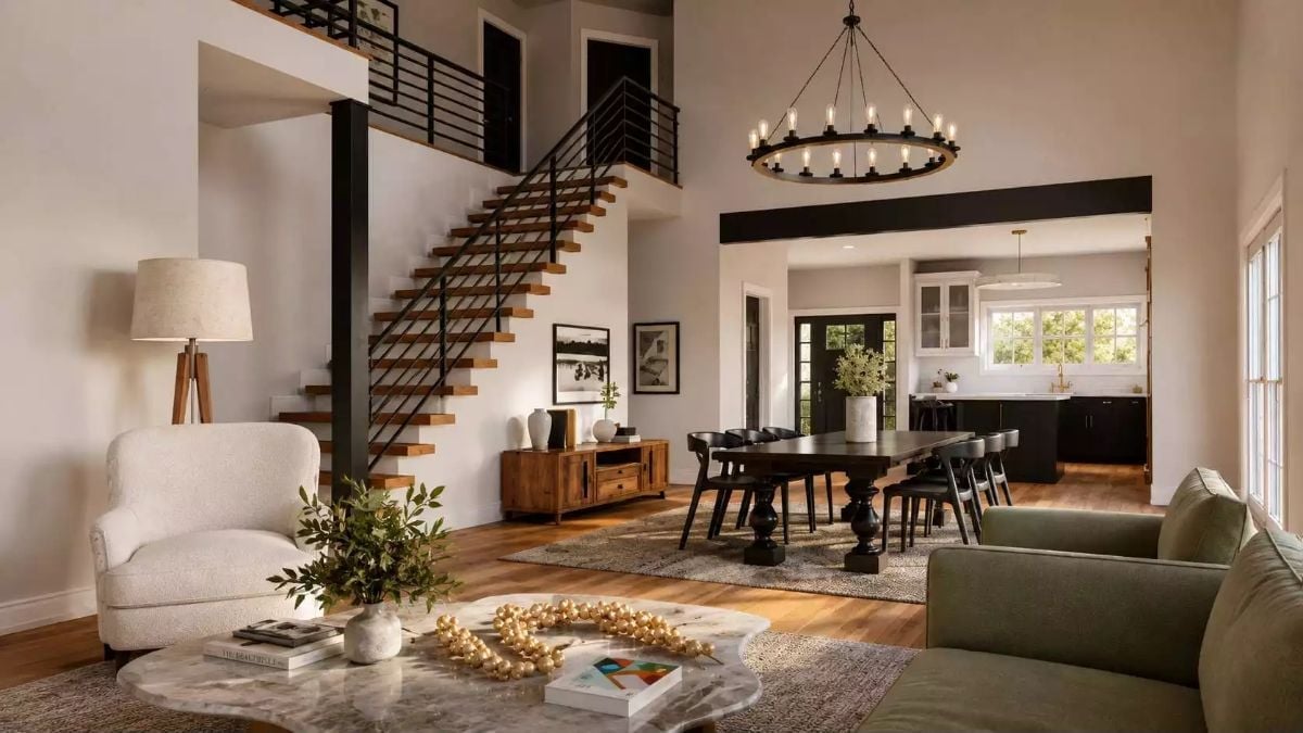 Wagon Wheel Chandelier Anchors an Open Living Space That Knows What It Is