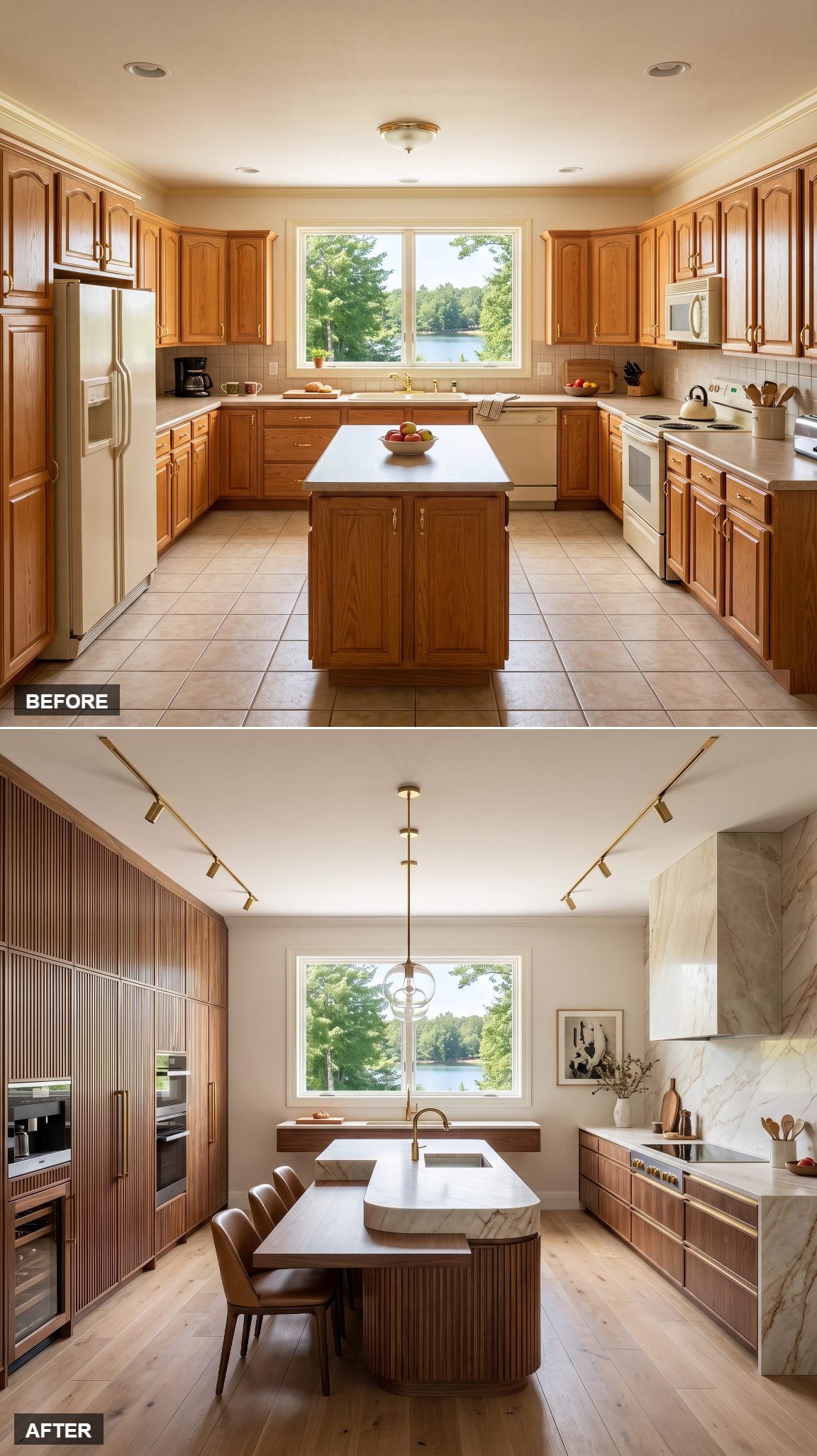 Architectural luxury kitchen with dramatic bookmatched stone and fluted walnut cabinetry