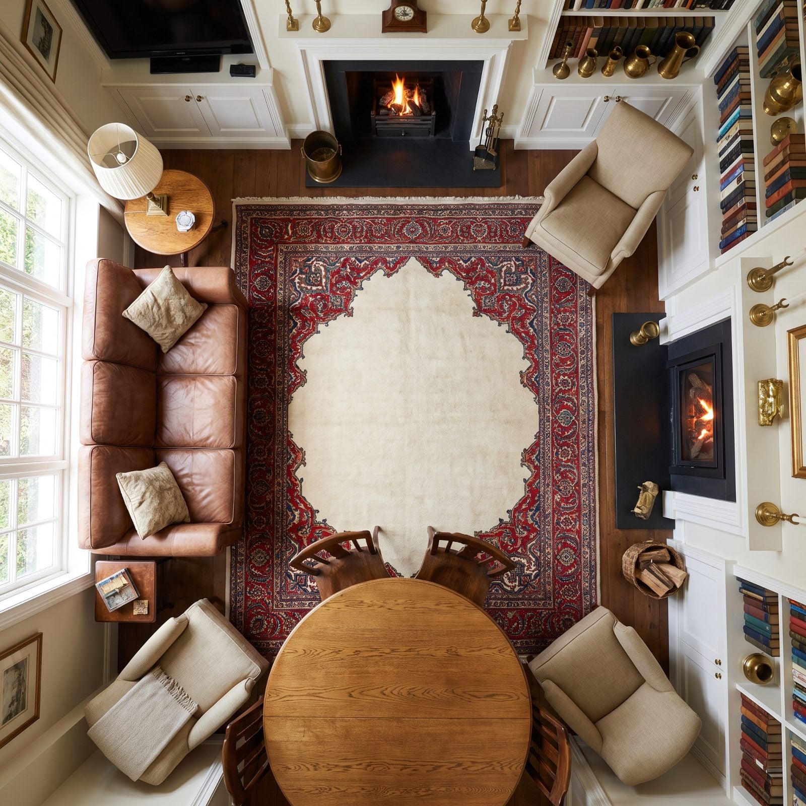 Formal dining room where an undersized bordered rug has its decorative edge hidden under all the chair legs.