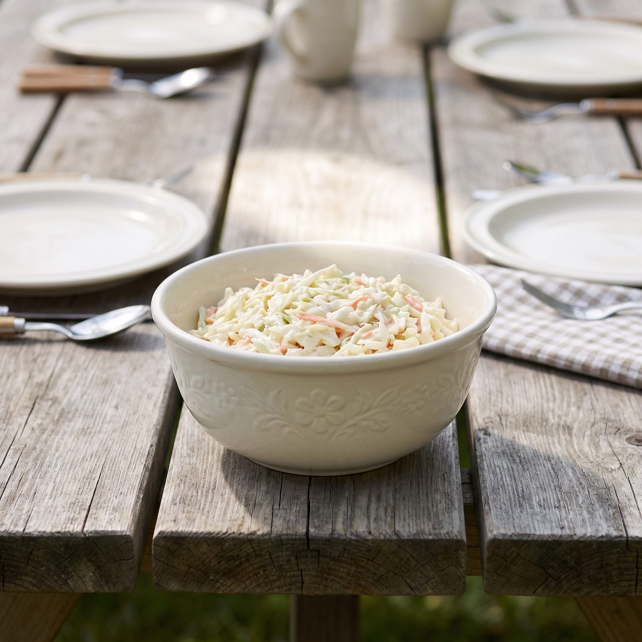 Large bowl of creamy coleslaw at a backyard barbecue