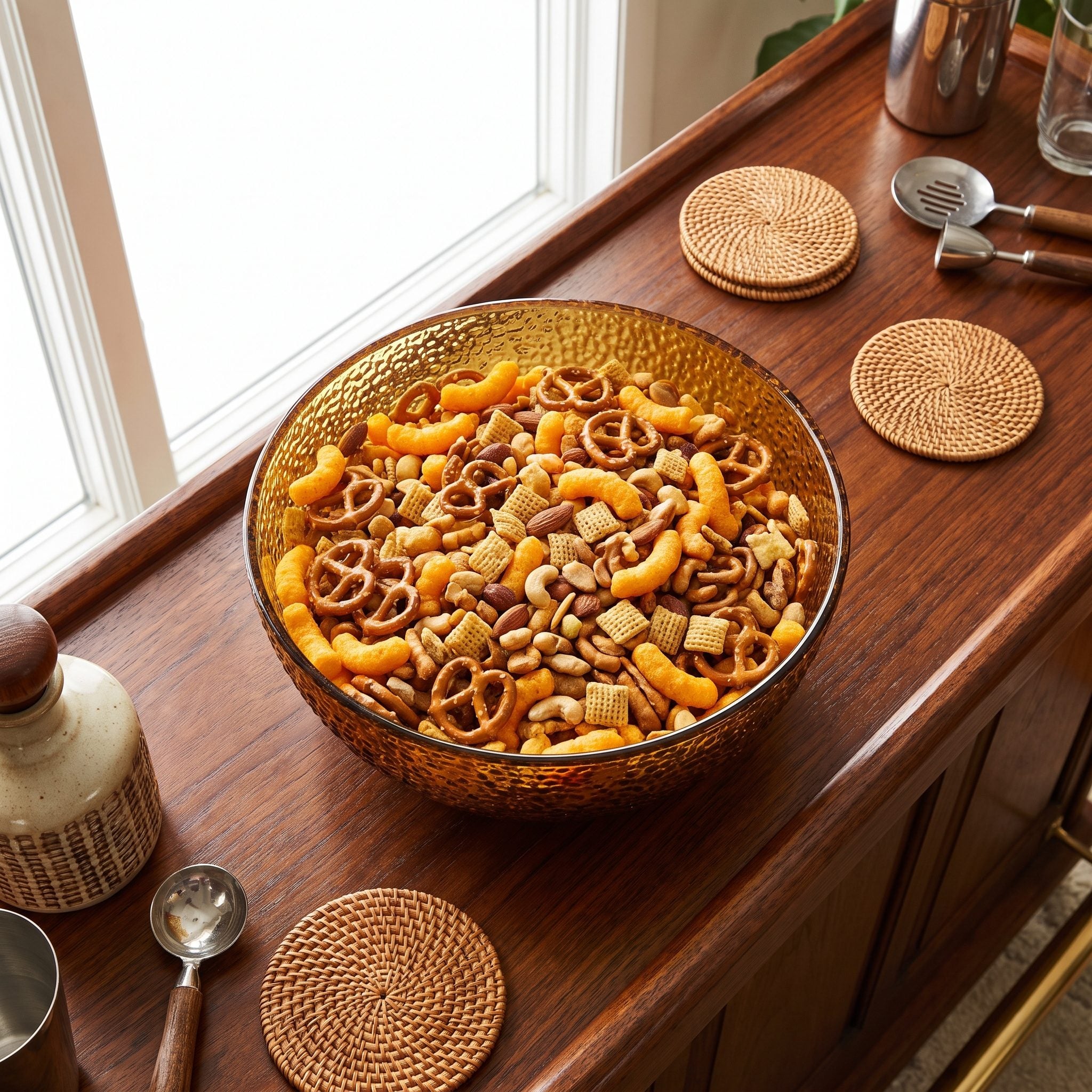 The Bowl of Mixed Nuts or Party Snack Mix Sitting on the Bar