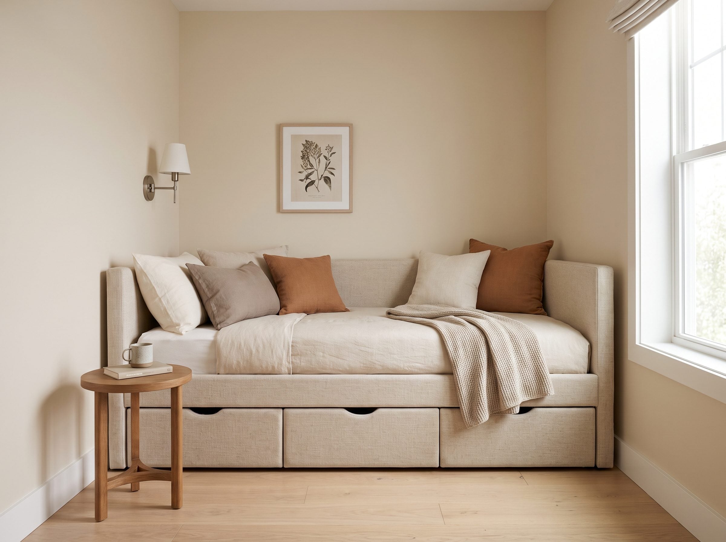 Seven-by-nine box room with an 84-inch daybed and drawers along the longest wall and three feet of open floor down the
