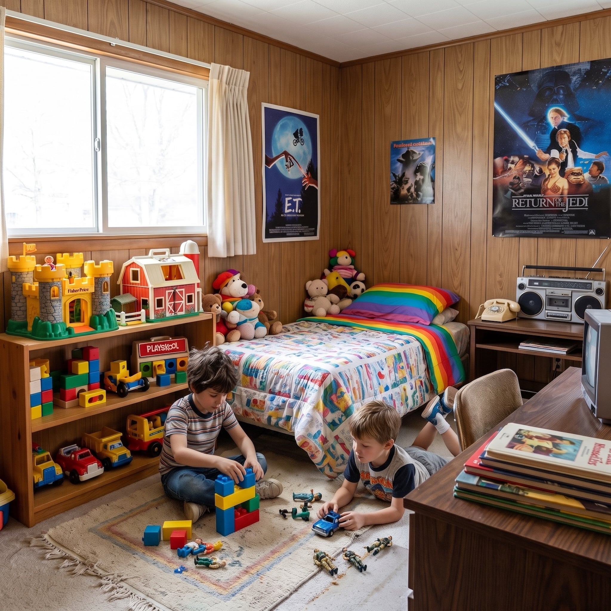 boys playing in 1980s bedroom