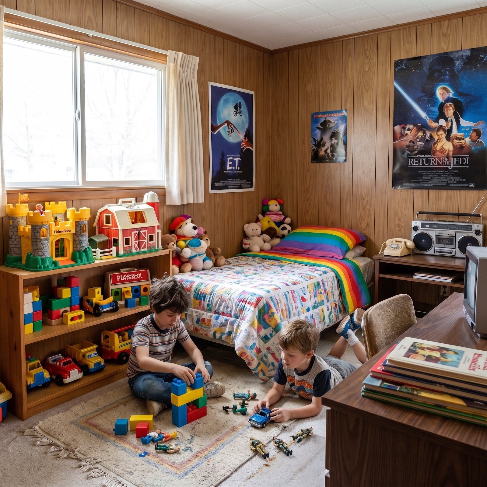 boys playing in 1980s bedroom