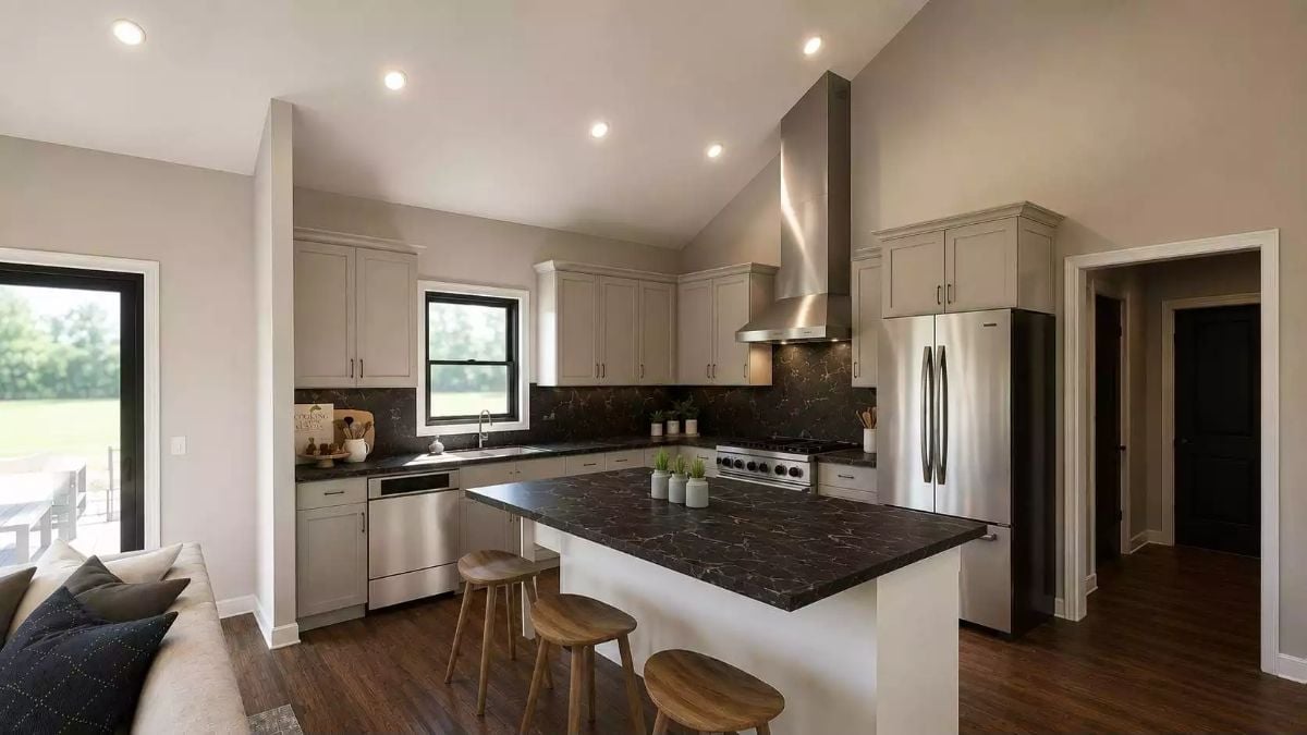 Dark Marble Island and Stainless Hood Make This Kitchen Hard to Walk Past
