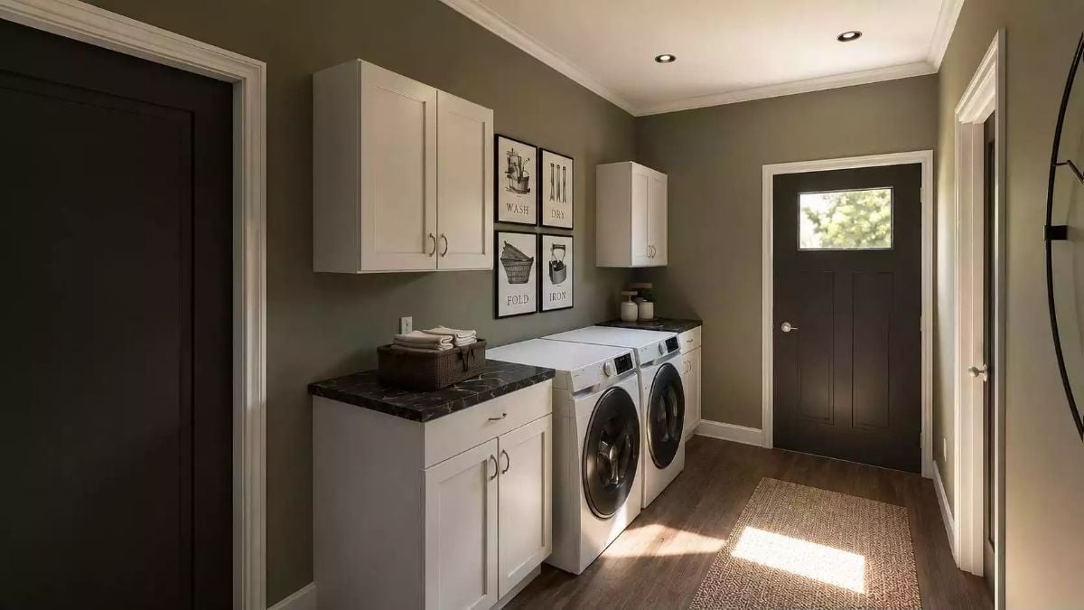 Laundry Room With Dark Marble Counters That Makes the Chore Feel Less Like One