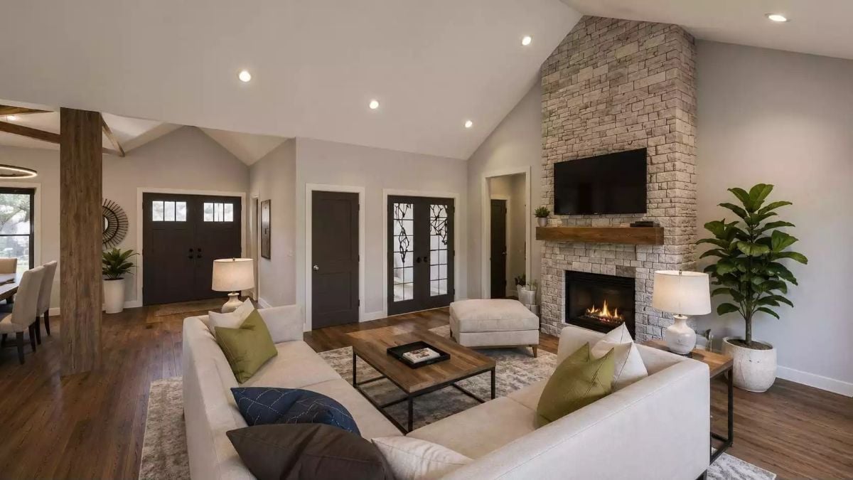 Stacked Stone Fireplace That Goes All the Way to the Vaulted Ceiling