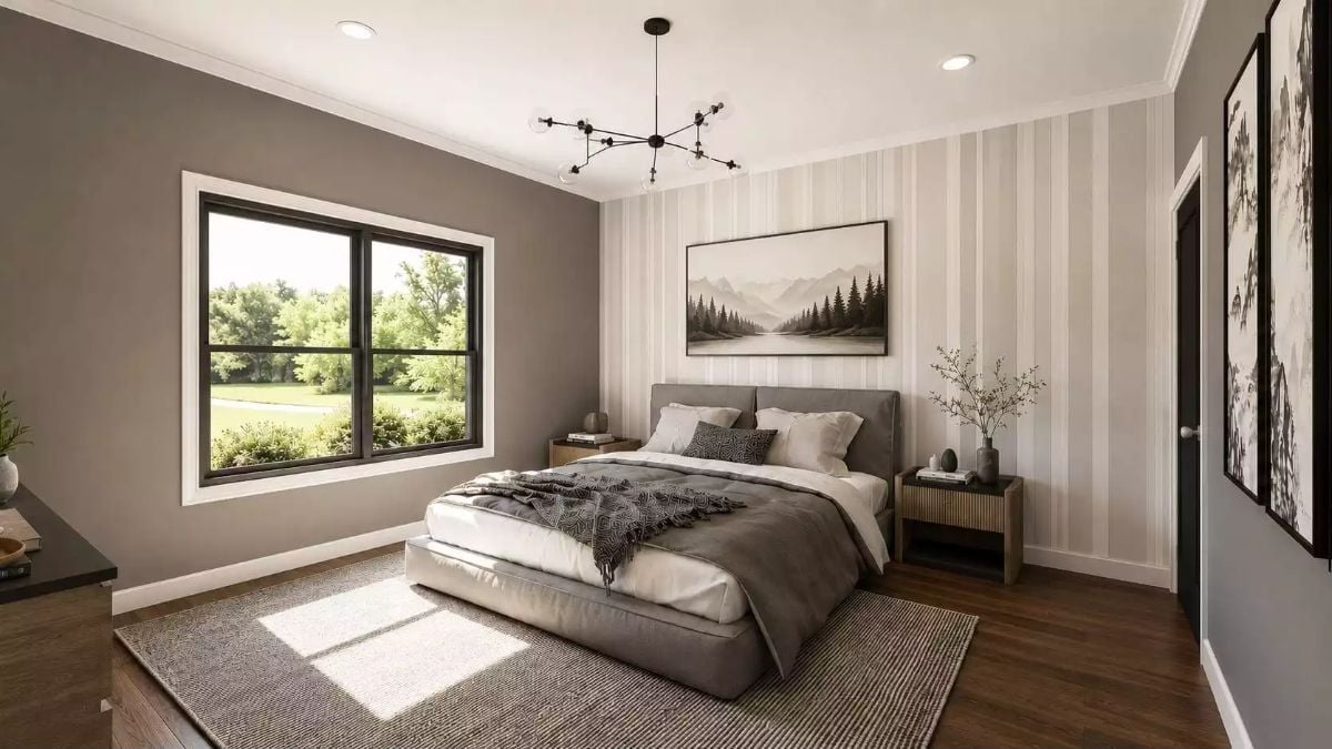 Striped Wallpaper and Low-Profile Bed That Make a Bedroom Feel Taller Without Adding Height