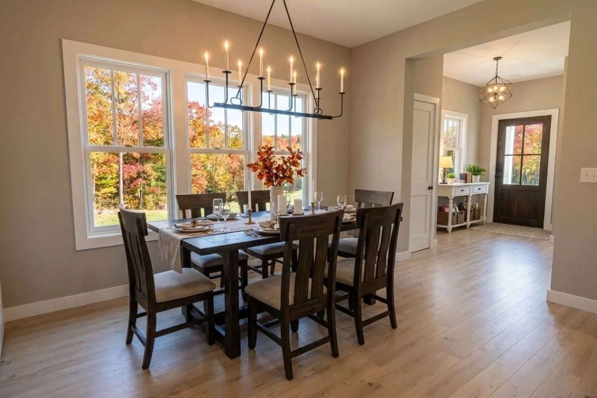 Candlelight Chandelier Over Dark Wood That Makes Fall Views Feel Intentional