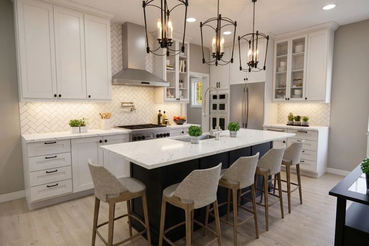 Herringbone Backsplash and Dark Island Base That Pull in Opposite Directions