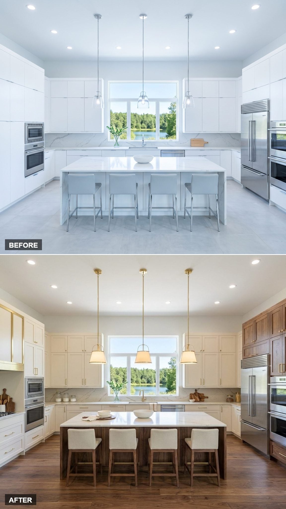 Brass-Framed Cooking Zone With Warm-Cream Stone and Unlacquered Hardware